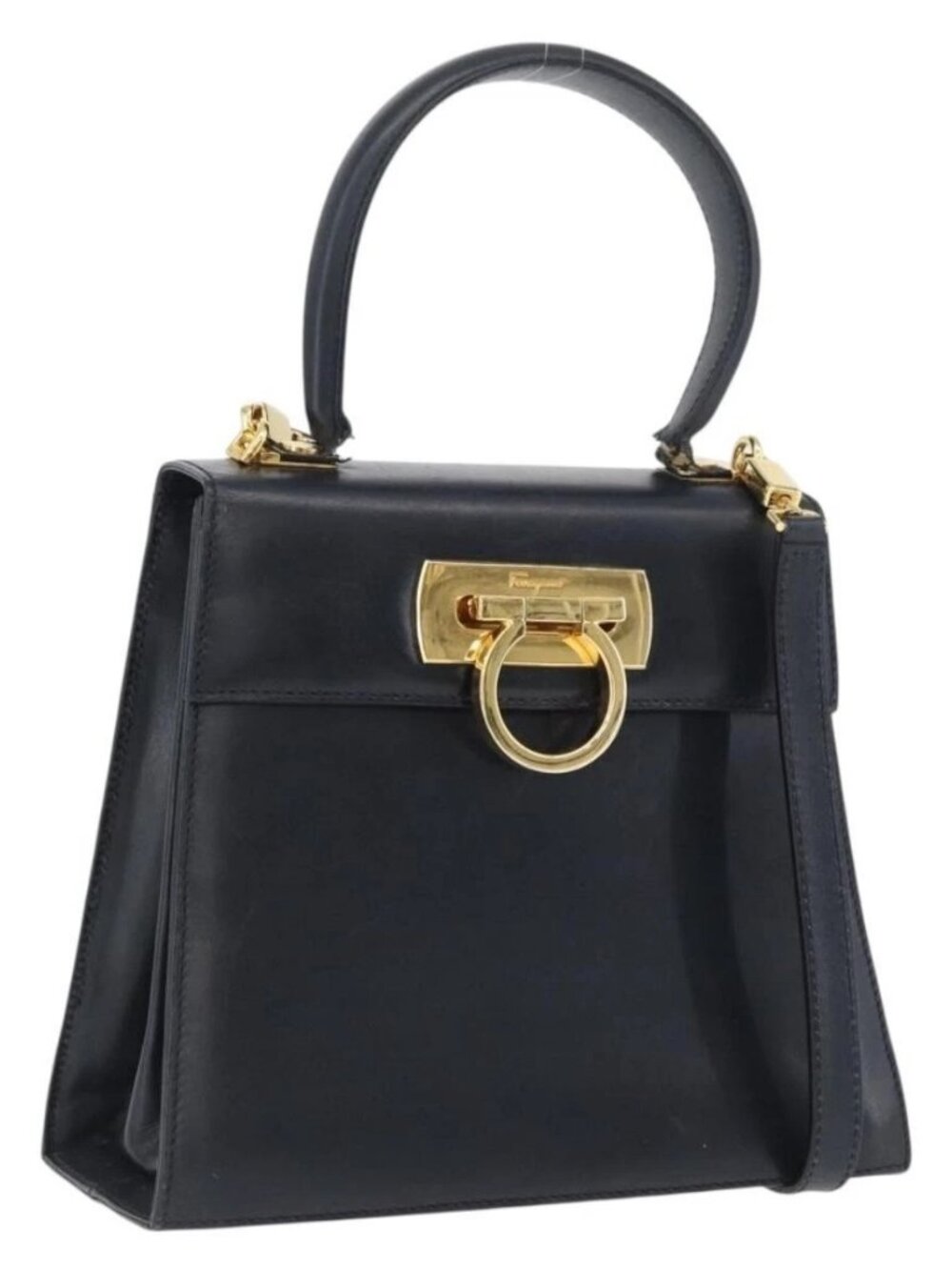 Salvatore Ferragamo Gancini Hand Bag Leather 2way Navy Gold Auth fm5153